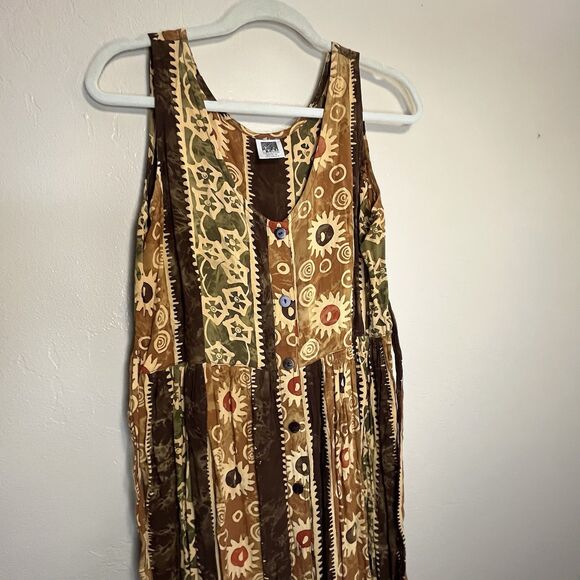 Vintage 90s Y2K Rama Size M abstract Art tan Yellow Summer Maxi Dress - Picture 2 of 10